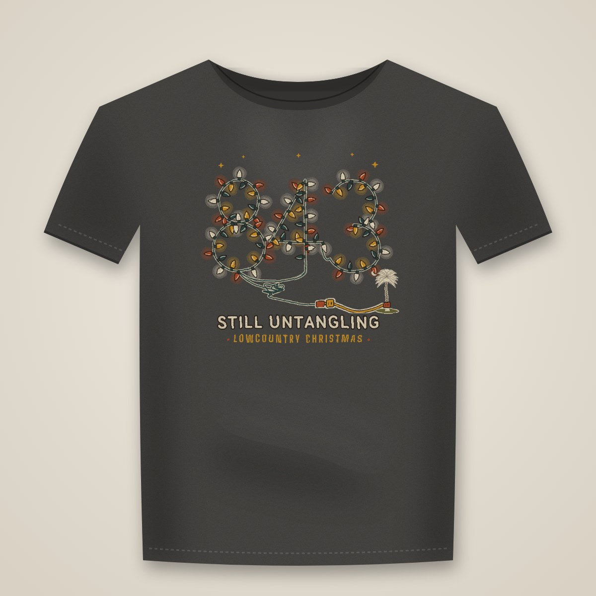 843 spelled in tangled Christmas lights, Still Untangling Lowcountry Christmas tee