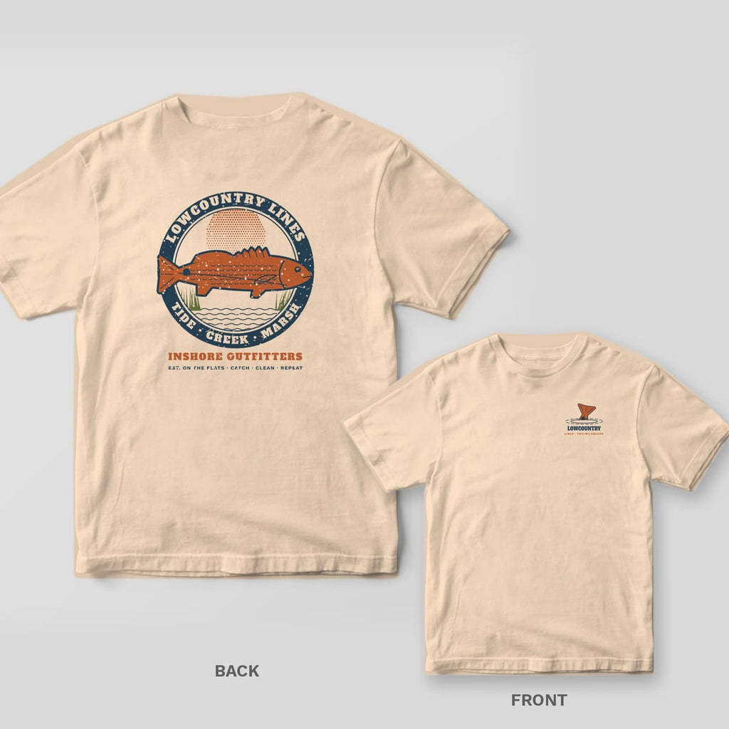 Back and front of an ivory T-shirt: back shows a round navy badge with a copper redfish and halftone sun; front has a small tailing redfish logo