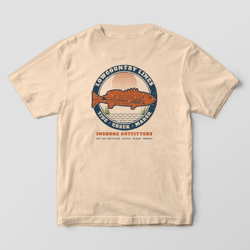 Ivory Comfort Colors tee, back view, with a large vintage redfish badge reading Lowcountry Lines, Tide Creek Marsh