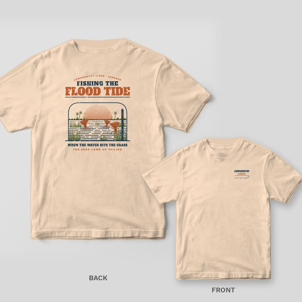 Back and front of an ivory T-shirt: back shows Fishing the Flood Tide over a marsh scene with three redfish tails; front has a small wordmark