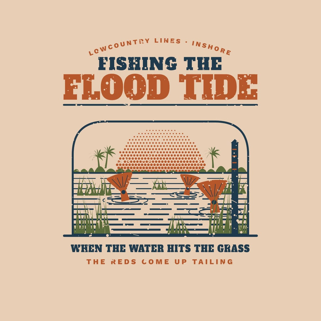 Close-up of the flood tide print: halftone sun, palmetto treeline, tide stake and three tailing redfish in marsh grass