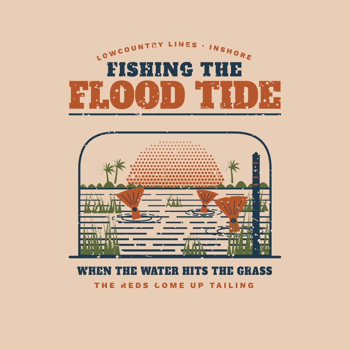 Close-up of the flood tide print: halftone sun, palmetto treeline, tide stake and three tailing redfish in marsh grass