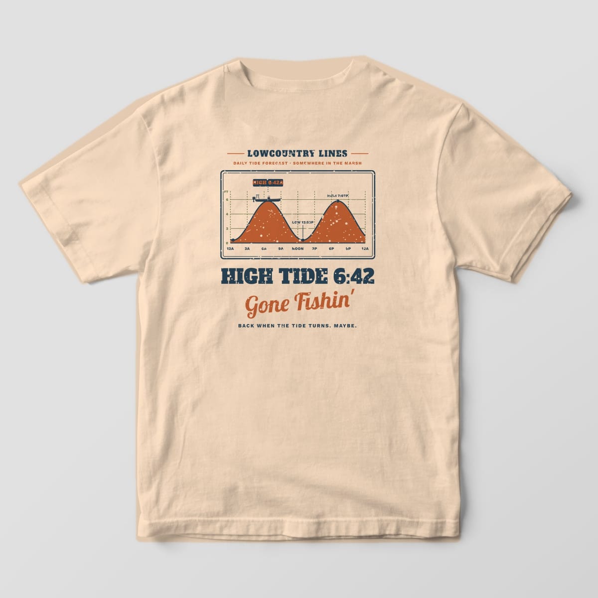 Ivory Comfort Colors tee, back view, with a navy and copper tide chart, High Tide 6:42 and Gone Fishin' in script