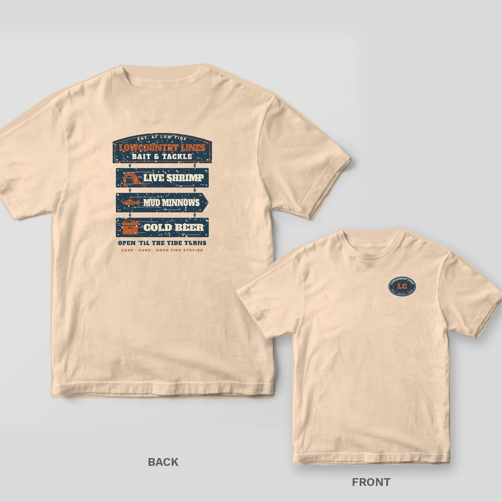 Back and front of an ivory T-shirt: back shows a vintage bait shop sign with three navy planks; front has a small oval LC patch