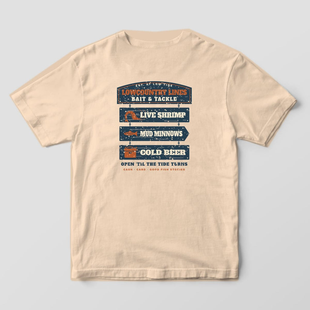 Ivory Comfort Colors tee, back view, with a hanging bait shop sign reading Live Shrimp, Mud Minnows, Cold Beer