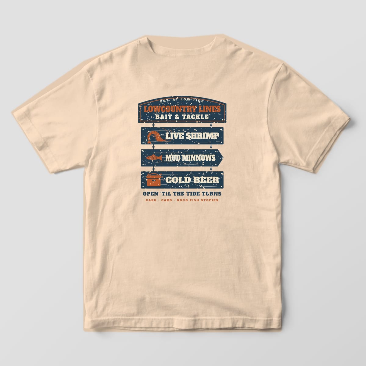 Ivory Comfort Colors tee, back view, with a hanging bait shop sign reading Live Shrimp, Mud Minnows, Cold Beer