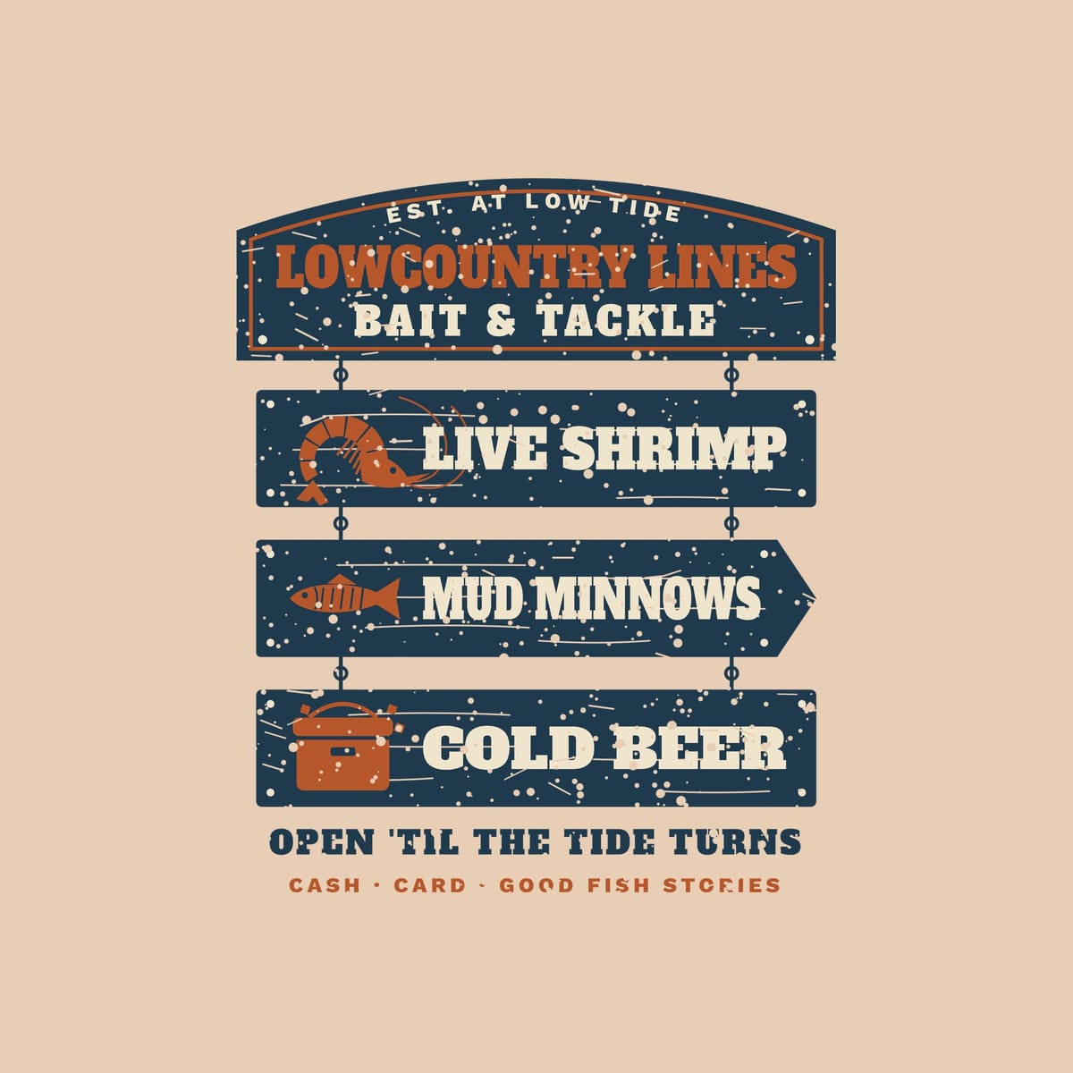 Close-up of the bait shop sign print with wood-grain planks, copper shrimp, minnow and cooler icons