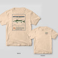 Back and front of an ivory T-shirt: back shows a field-guide plate of a spotted seatrout with labeled callouts; front has a small trout logo