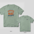 Back and front of a bay green T-shirt: back shows distressed varsity letters reading Creek Rat with a Backwater Bred swoosh; front has a small wordmark