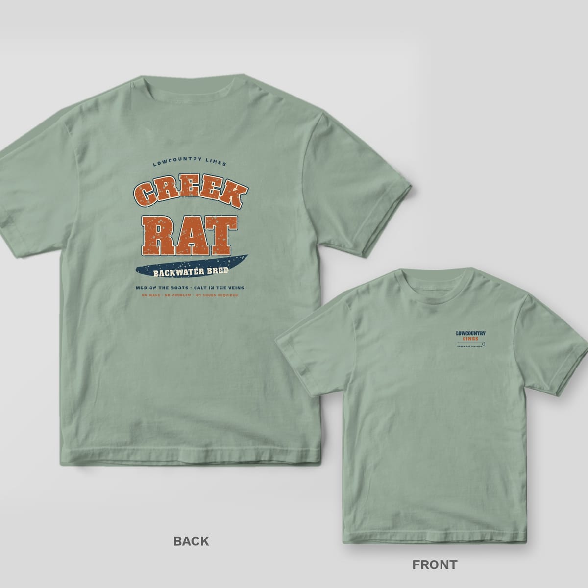 Back and front of a bay green T-shirt: back shows distressed varsity letters reading Creek Rat with a Backwater Bred swoosh; front has a small wordmark