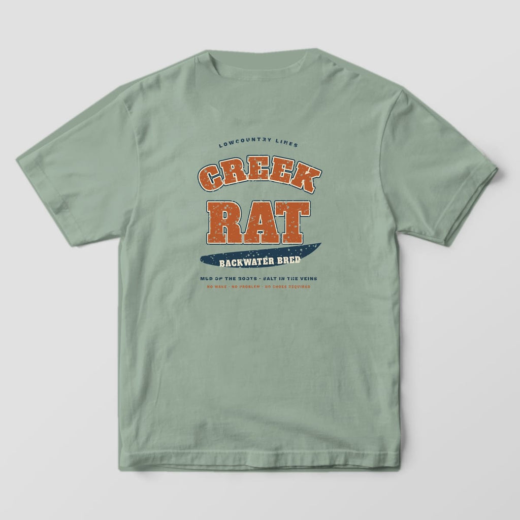 Bay green Comfort Colors tee, back view, with copper, cream and navy varsity letters reading Creek Rat