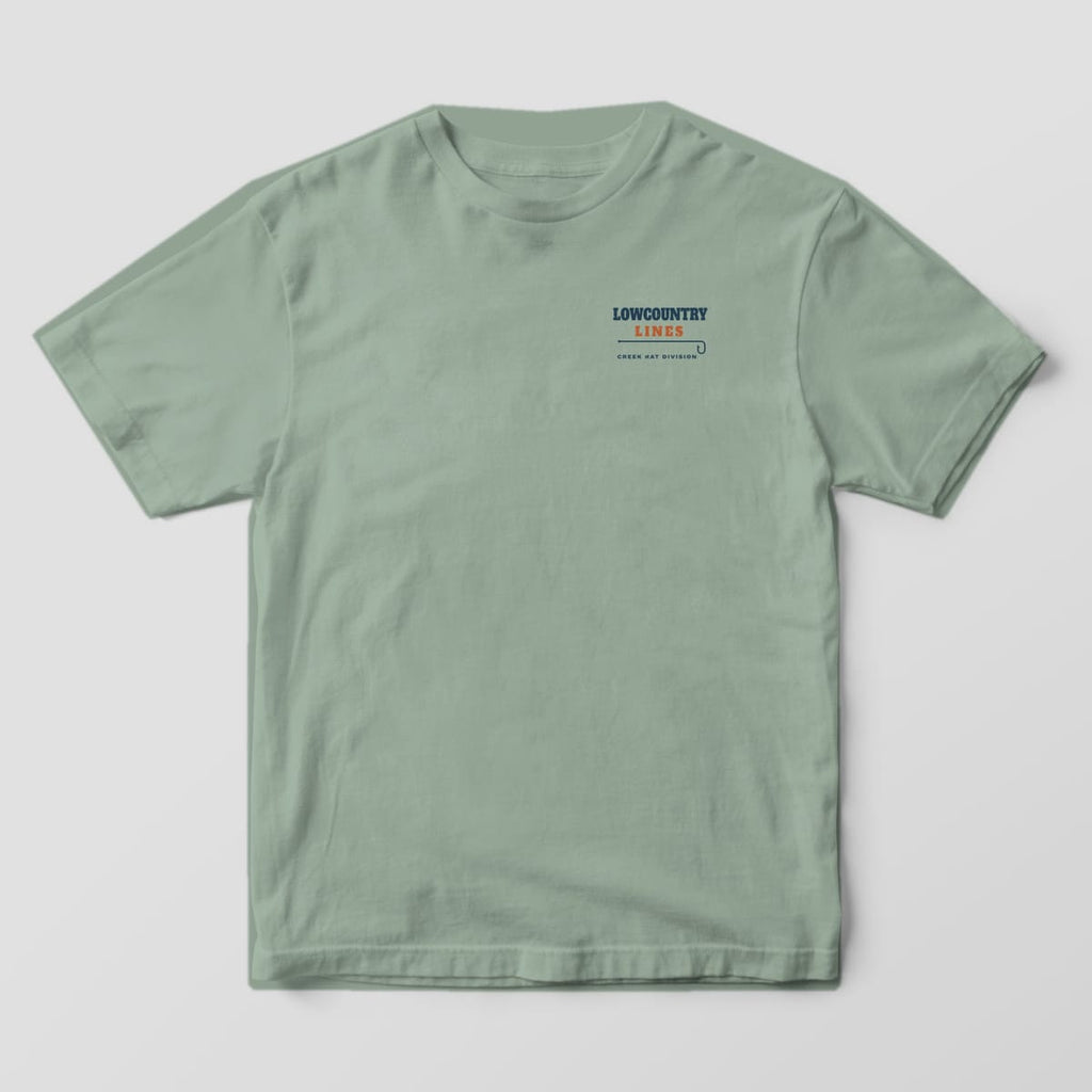Bay green Comfort Colors tee, front view, with a small Lowcountry Lines wordmark on the left chest