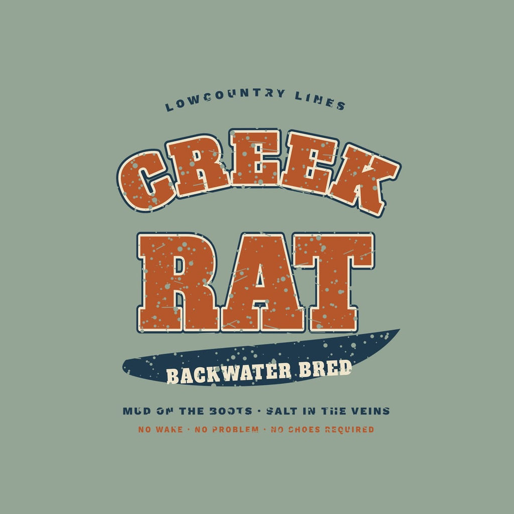 Close-up of the Creek Rat print showing worn varsity lettering with navy outline, cream inline and copper fill