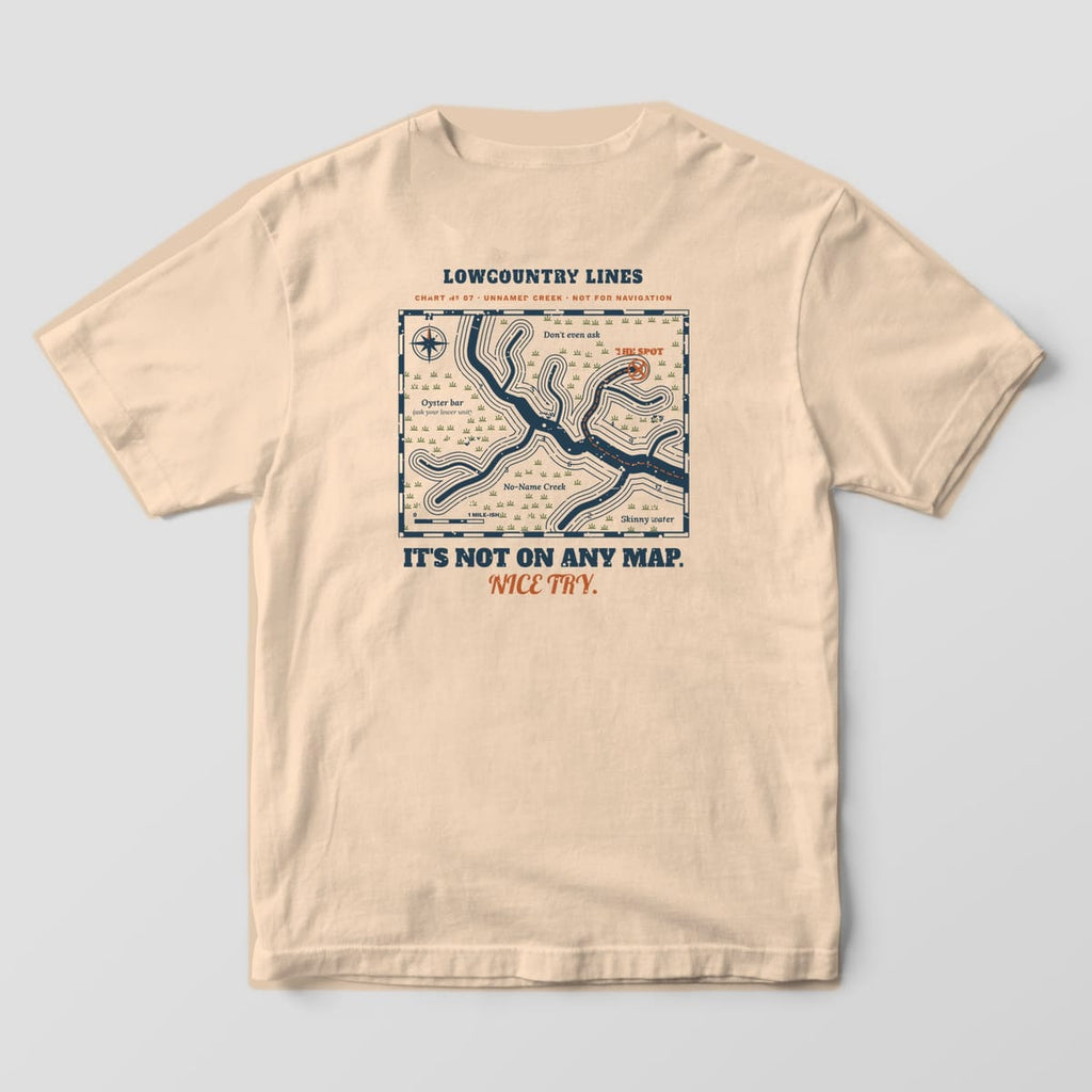 Ivory Comfort Colors tee, back view, with a navy creek map, olive marsh symbols, copper route to an X and the words Nice Try
