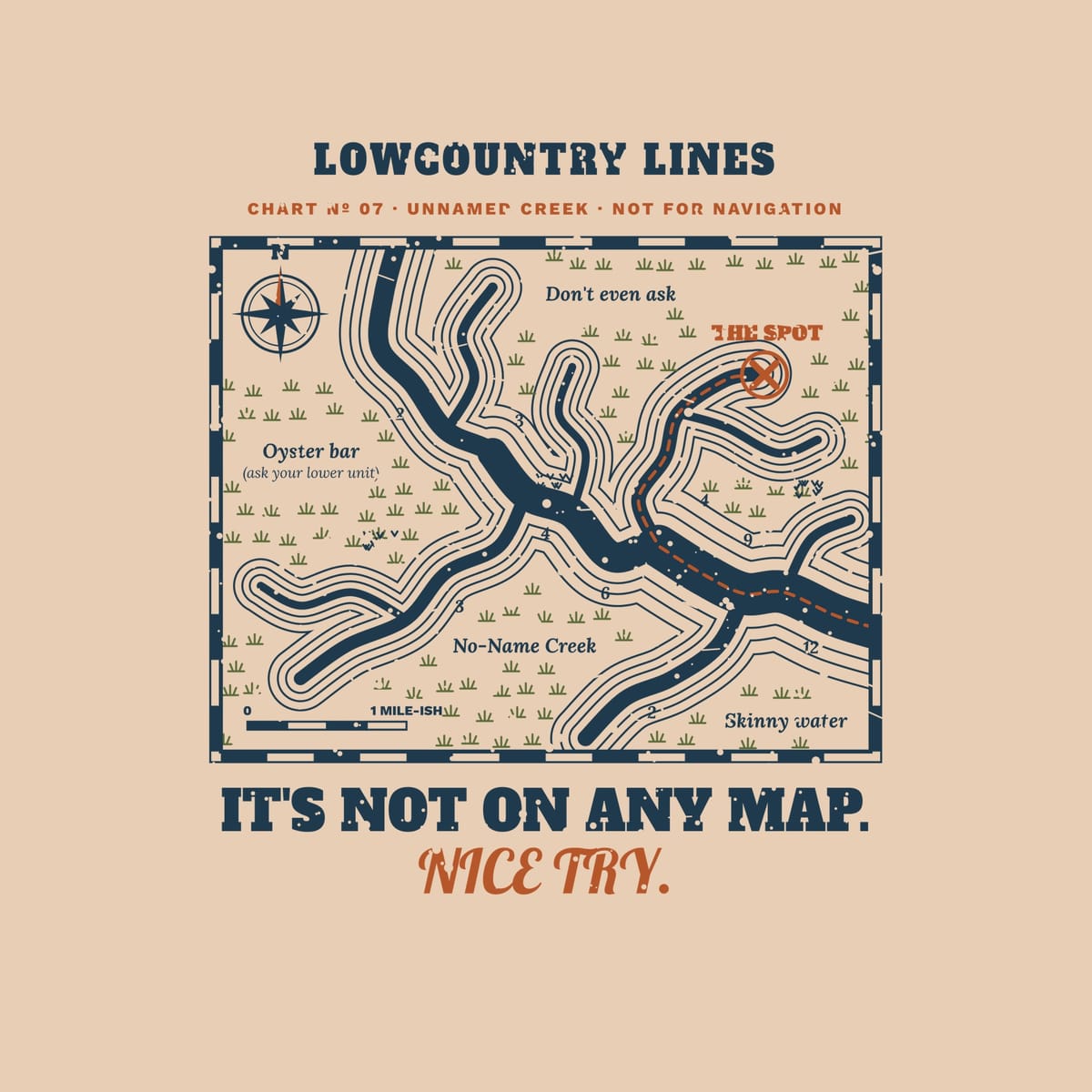 Close-up of the creek chart print with contour lines, compass rose, oyster bar label and The Spot marked with an X