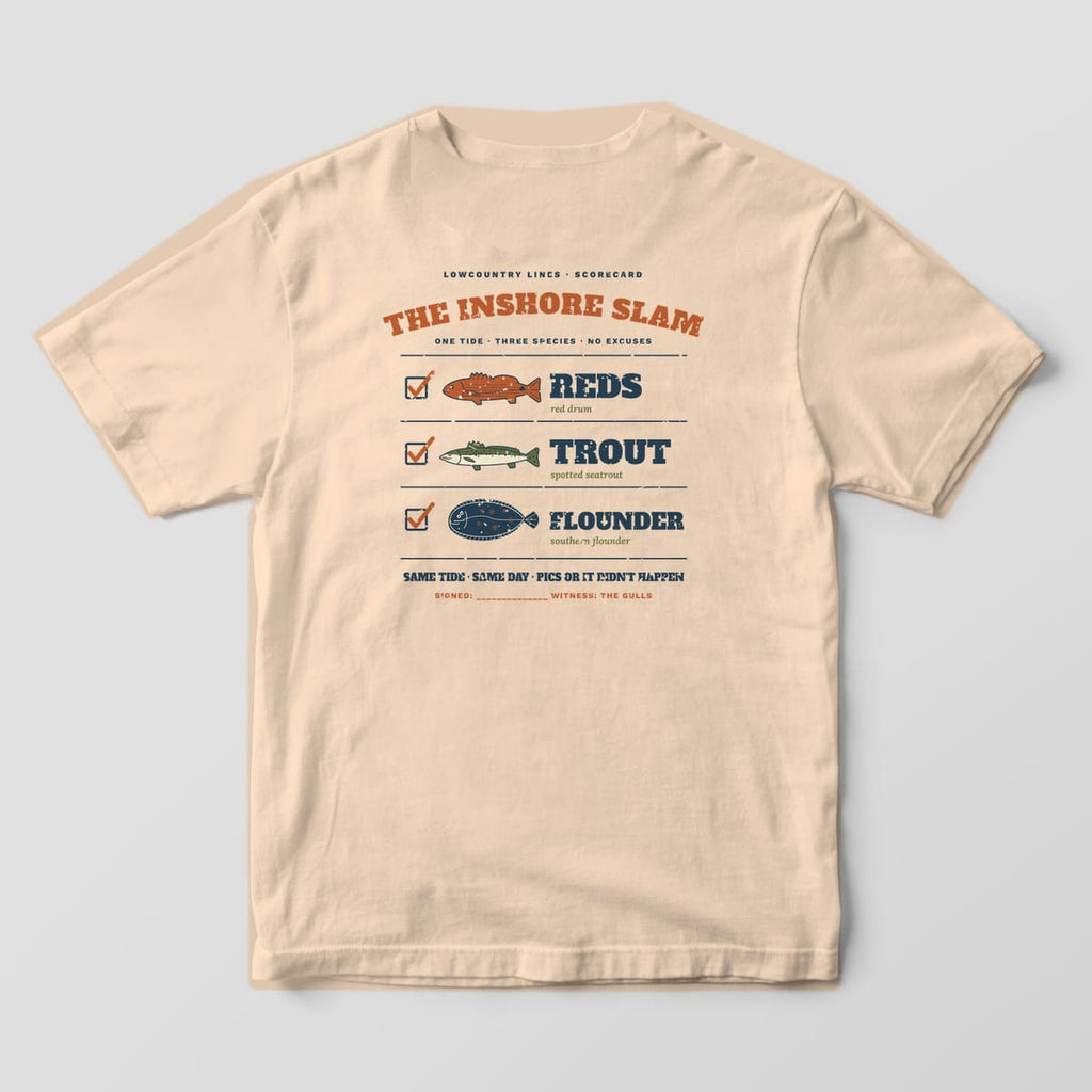 Ivory Comfort Colors tee, back view, with a checklist of three fish: reds, trout and flounder, under The Inshore Slam
