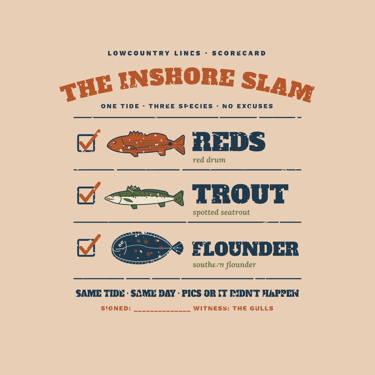 Close-up of the Inshore Slam print showing copper check marks, the three fish illustrations and species names