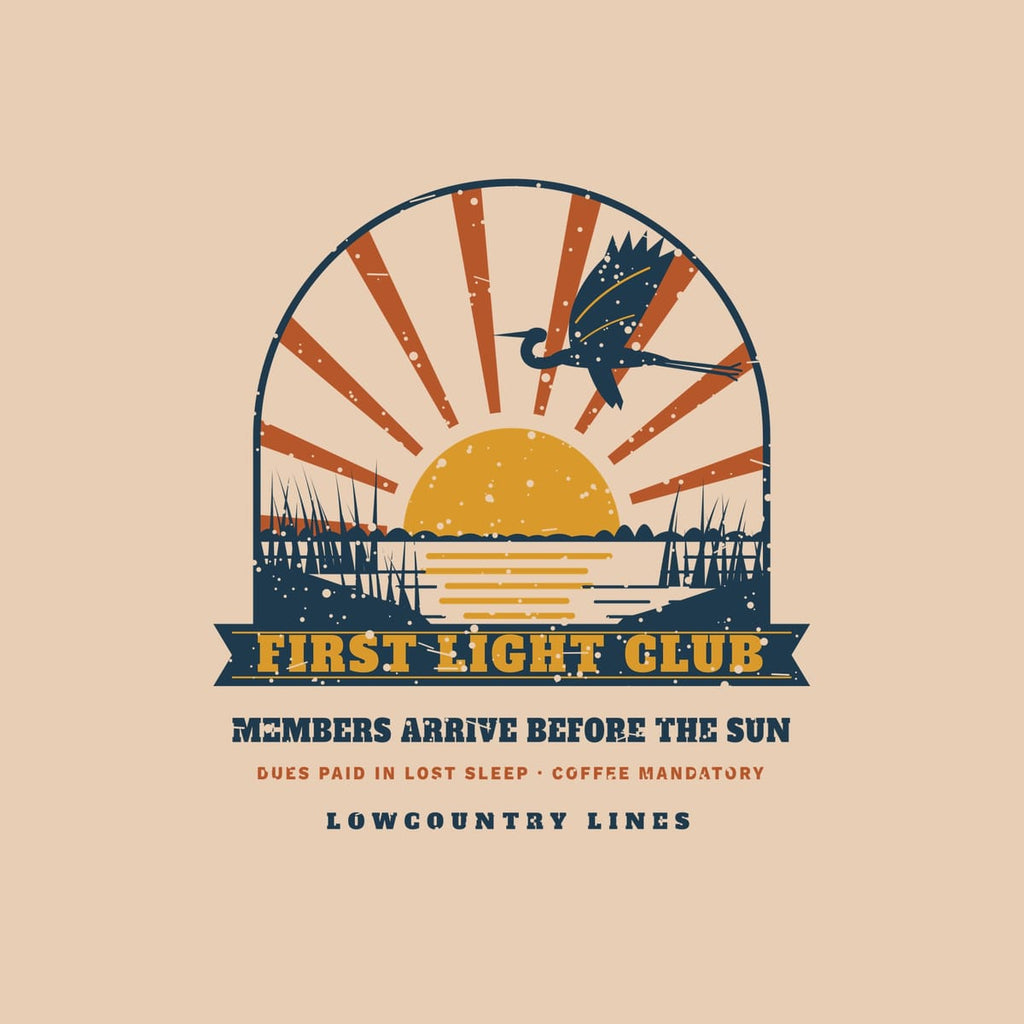 Close-up of the First Light Club print showing sun rays, the heron silhouette, sun reflection and marsh grass
