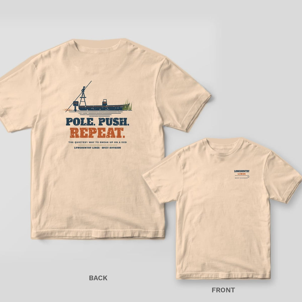 Back and front of an ivory T-shirt: back shows a person poling a flats skiff above the words Pole. Push. Repeat.; front has a small wordmark