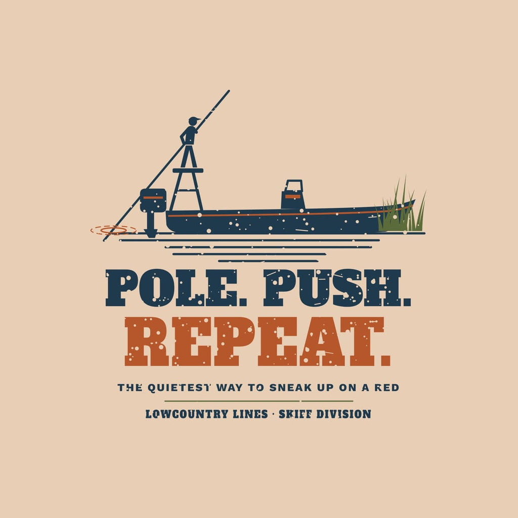 Close-up of the Pole Push Repeat print showing the skiff, poling platform, angler with push pole and water lines
