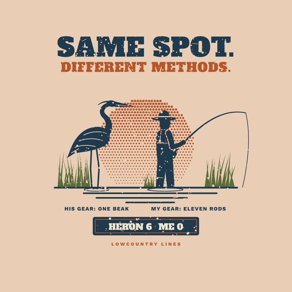 Close-up of the print: great blue heron and wading angler silhouettes, marsh grass, halftone sun and scoreboard lettering
