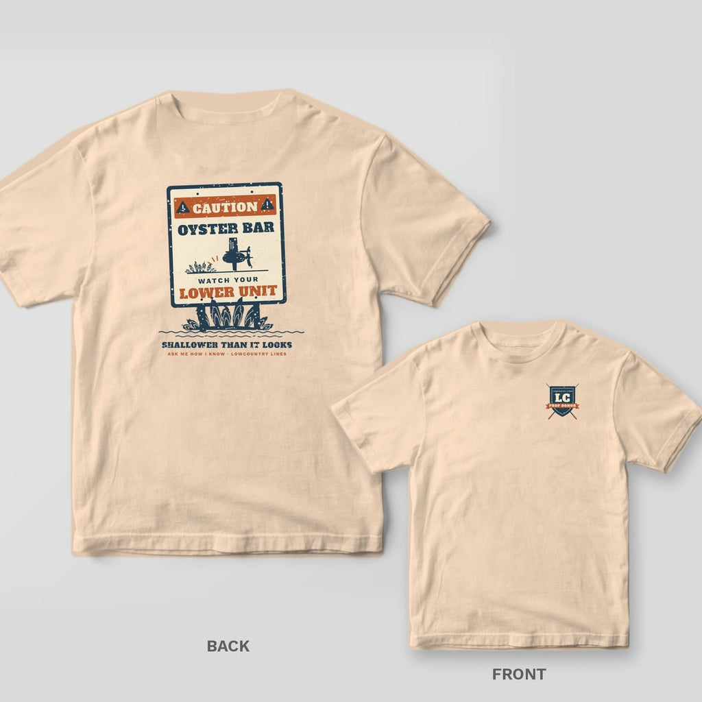 Back and front of an ivory T-shirt: back shows a caution sign reading Oyster Bar, Watch Your Lower Unit; front has a small LC crest with a Prop Donor banner