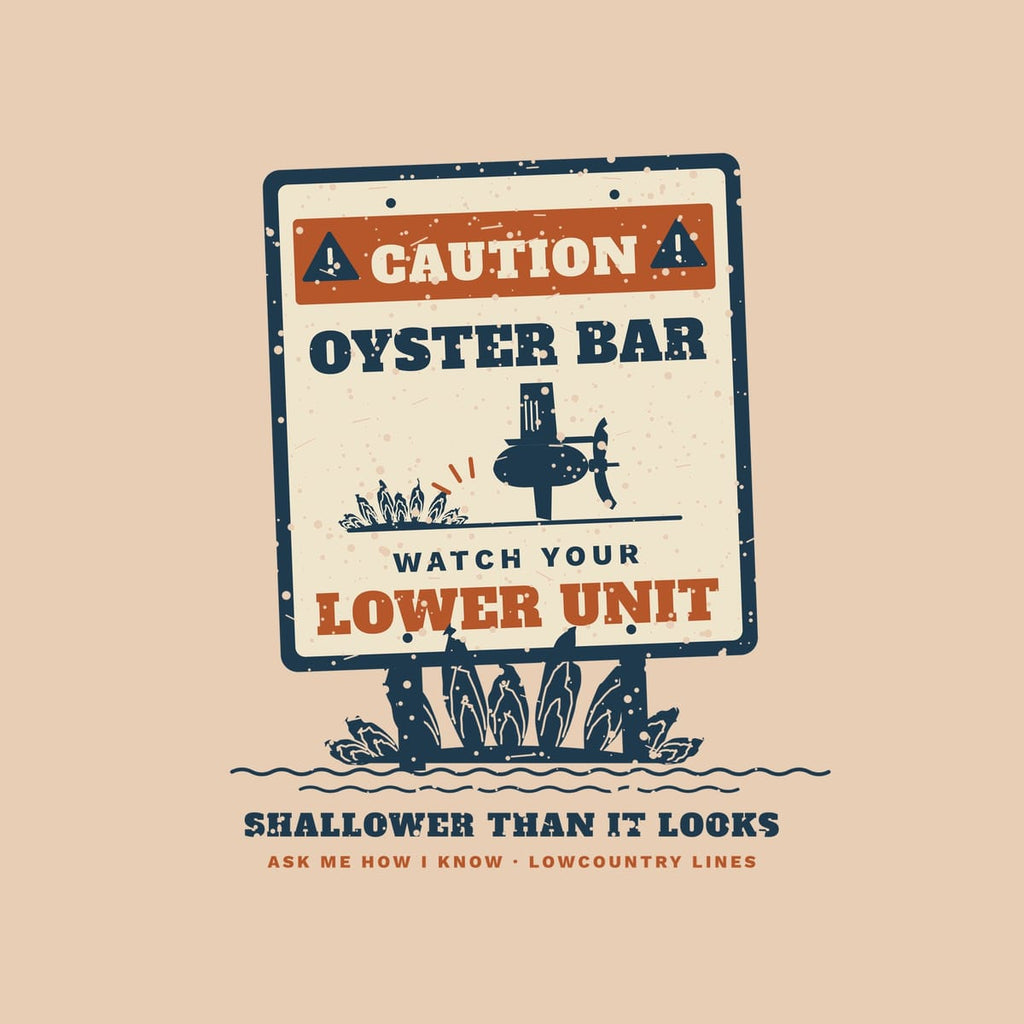 Close-up of the print: cream sign panel with copper caution band, outboard lower unit icon, oysters and distressed lettering