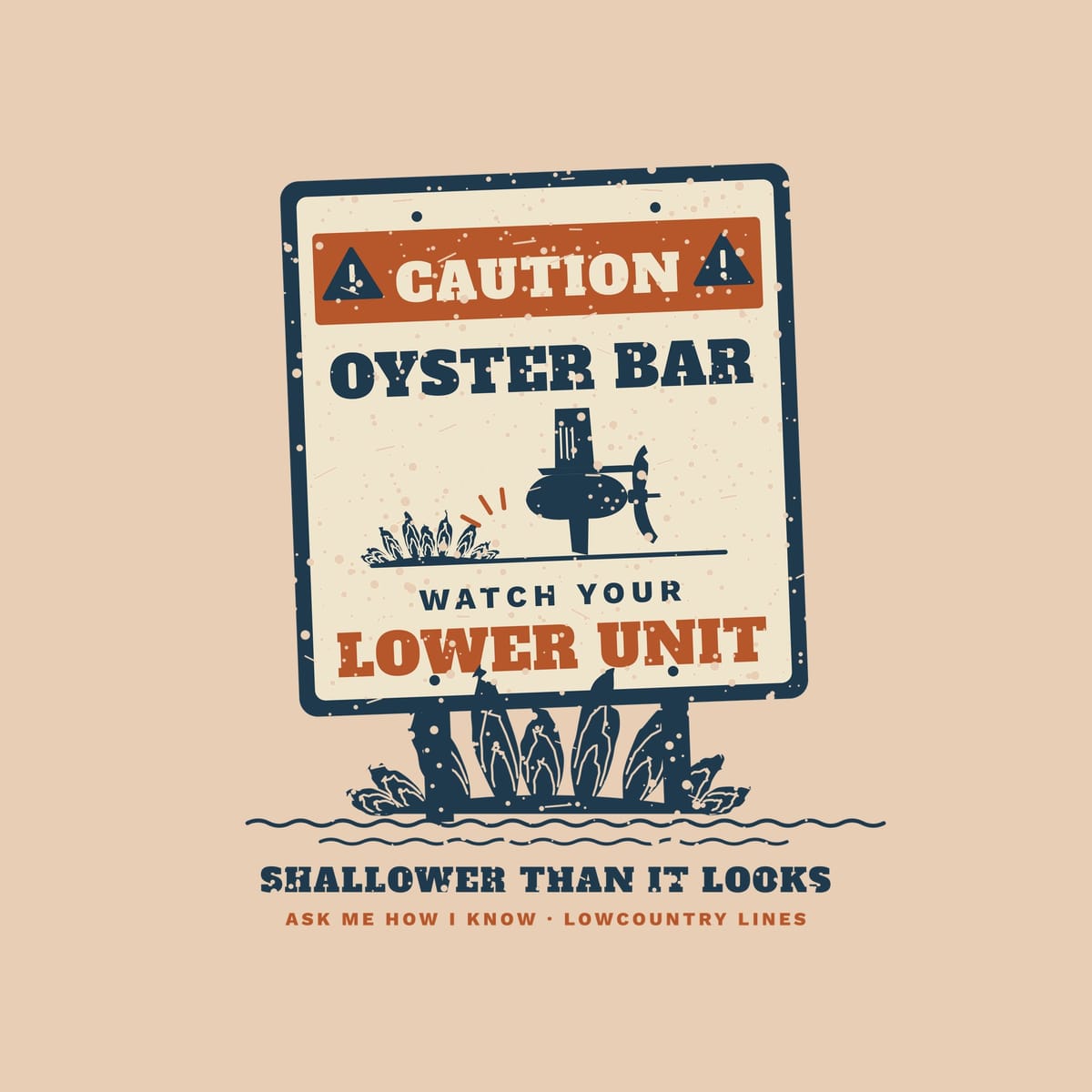 Close-up of the print: cream sign panel with copper caution band, outboard lower unit icon, oysters and distressed lettering