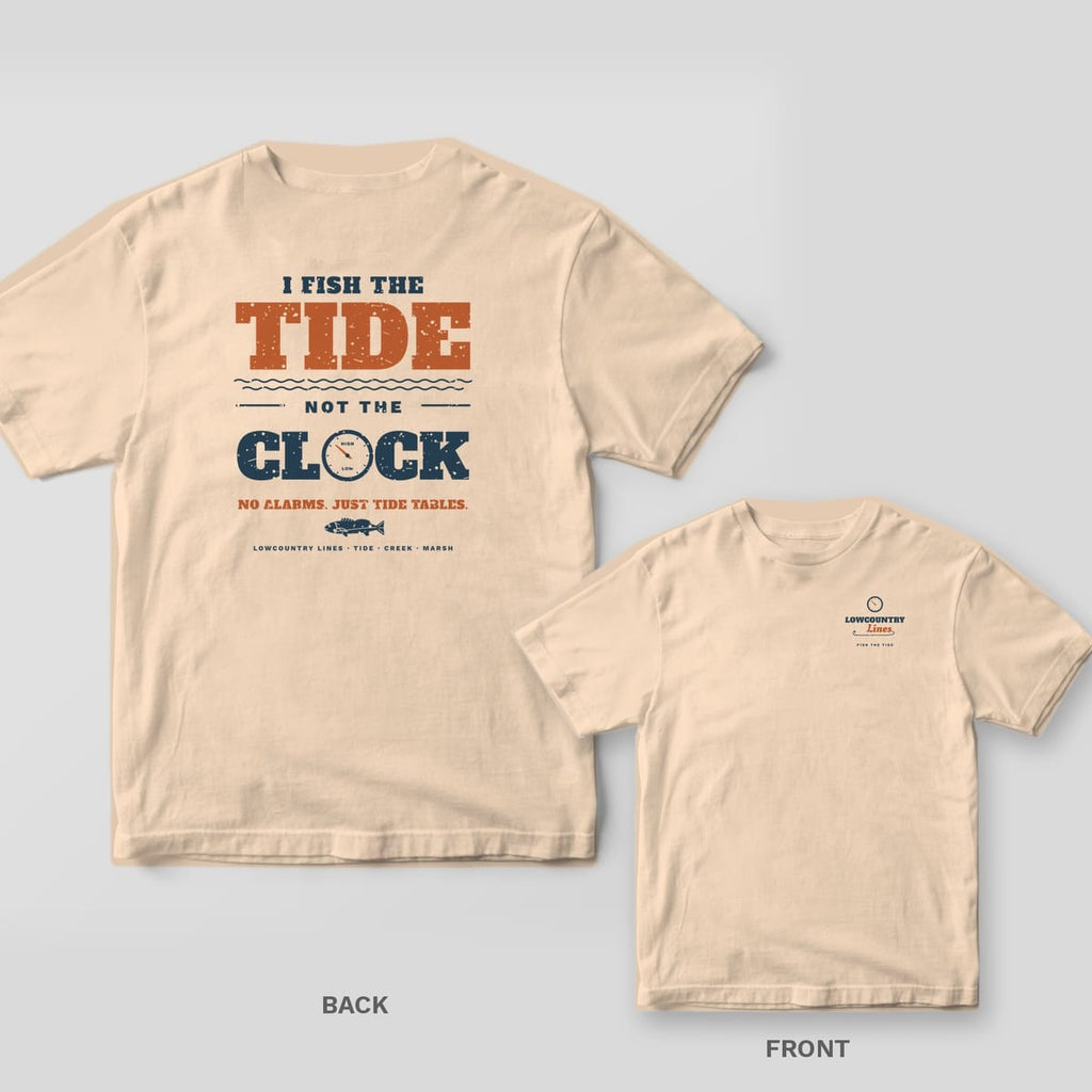 Back and front of an ivory T-shirt: back reads I Fish the Tide Not the Clock with a tide clock in the word clock; front has a small wordmark