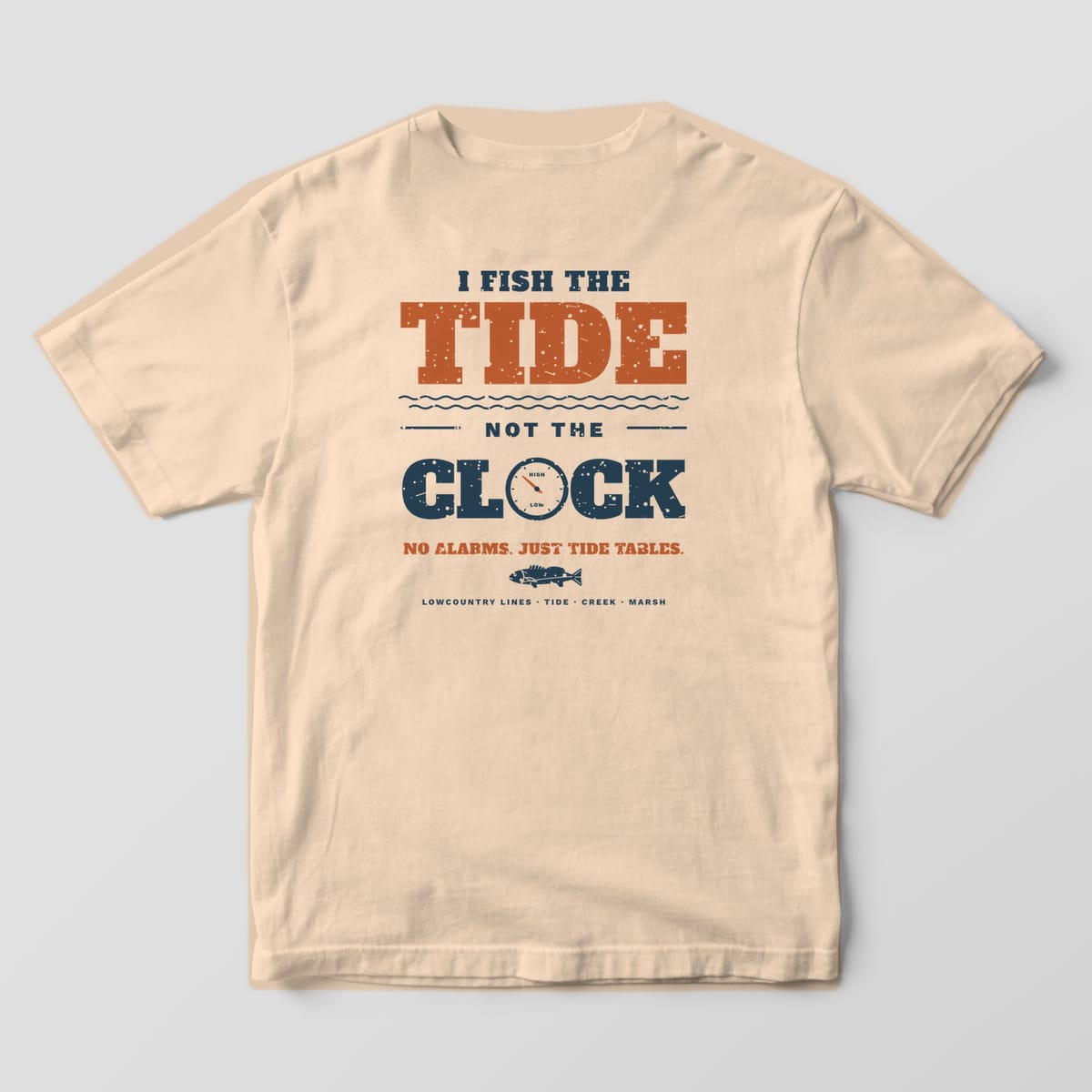 Ivory Comfort Colors tee, back view, with copper TIDE and navy CLOCK lettering and a high and low tide clock