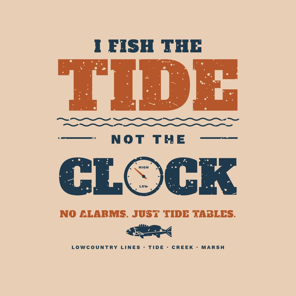 Close-up of the print: distressed slab lettering, wave rules and a tide clock dial marked high and low