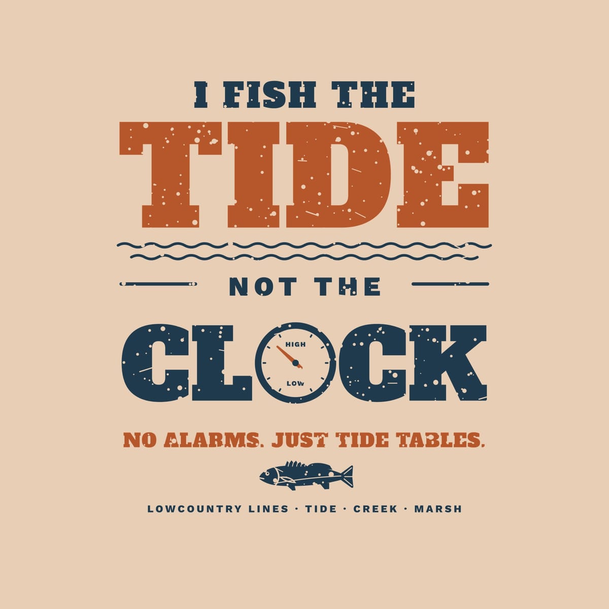 Close-up of the print: distressed slab lettering, wave rules and a tide clock dial marked high and low
