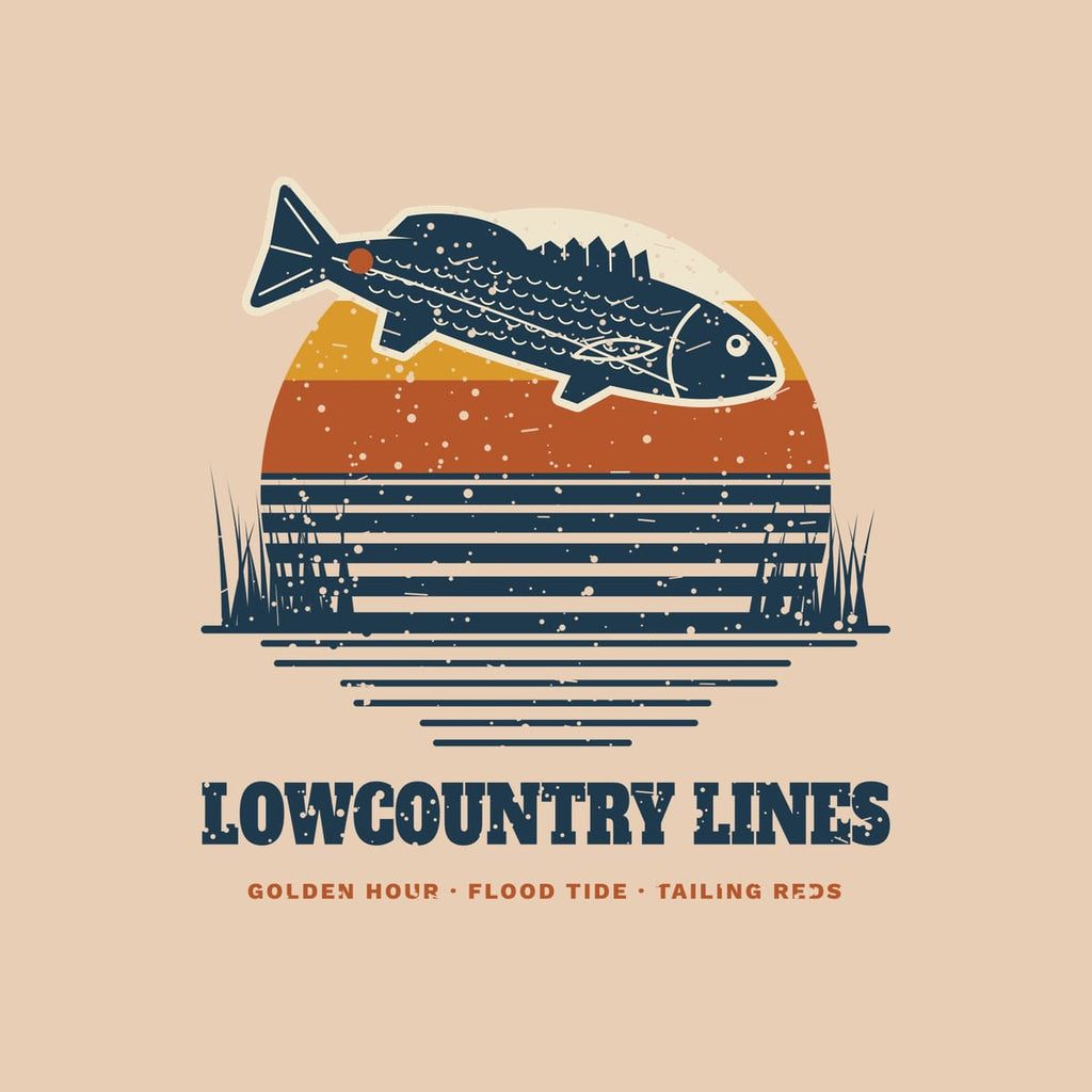 Close-up of the sunset redfish print showing cream, mustard, copper and navy stripes and marsh grass