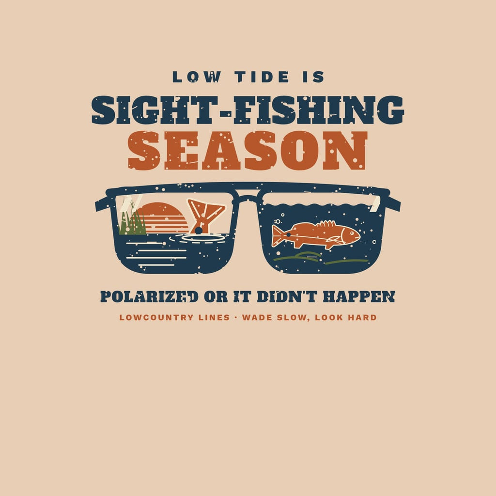 Close-up of the sunglasses: sunrise, marsh grass and a tailing redfish in one lens, a cruising redfish over the bottom in the other