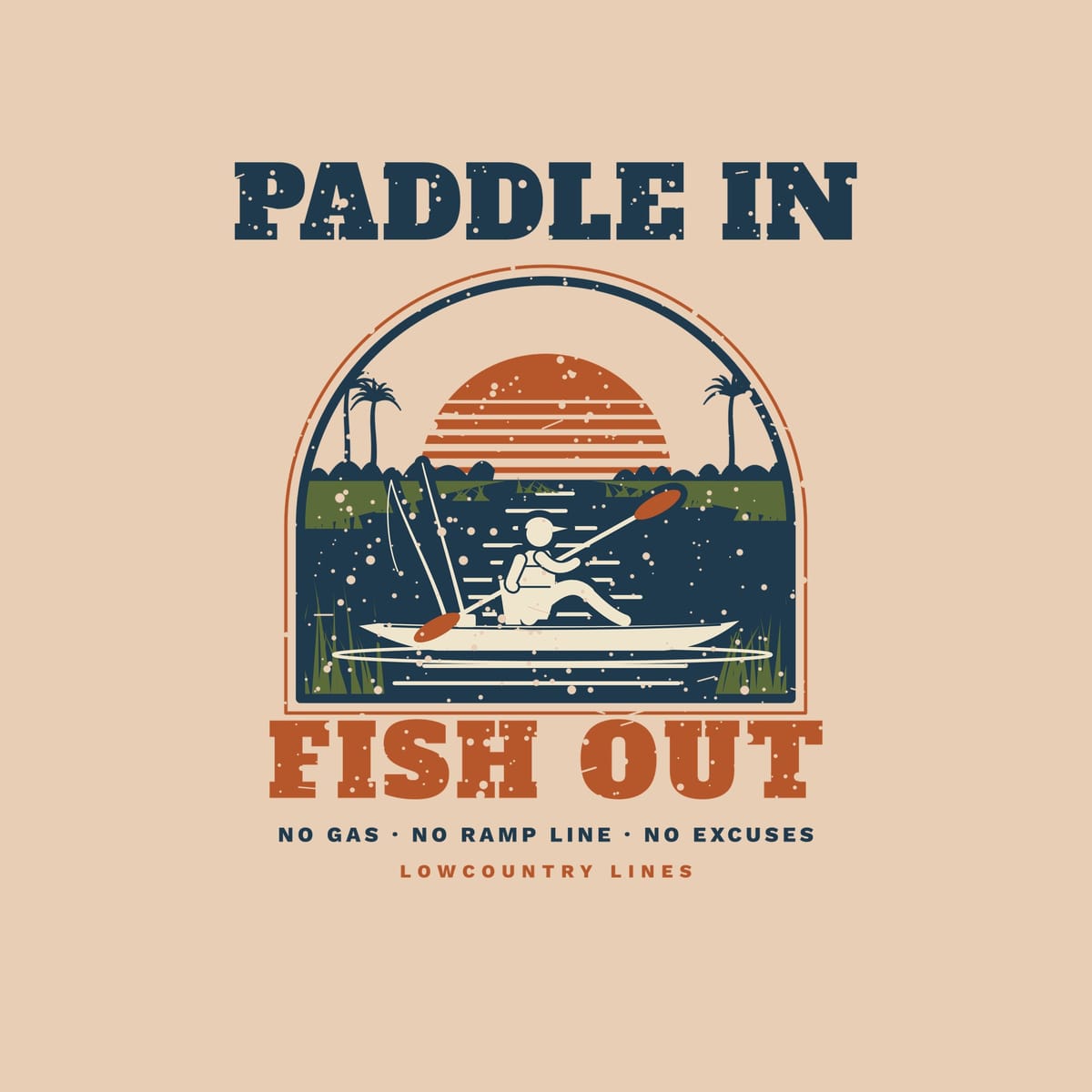 Close-up of the arched scene: fishing kayak with rods and paddle, striped sun, tree line, palmettos and marsh grass