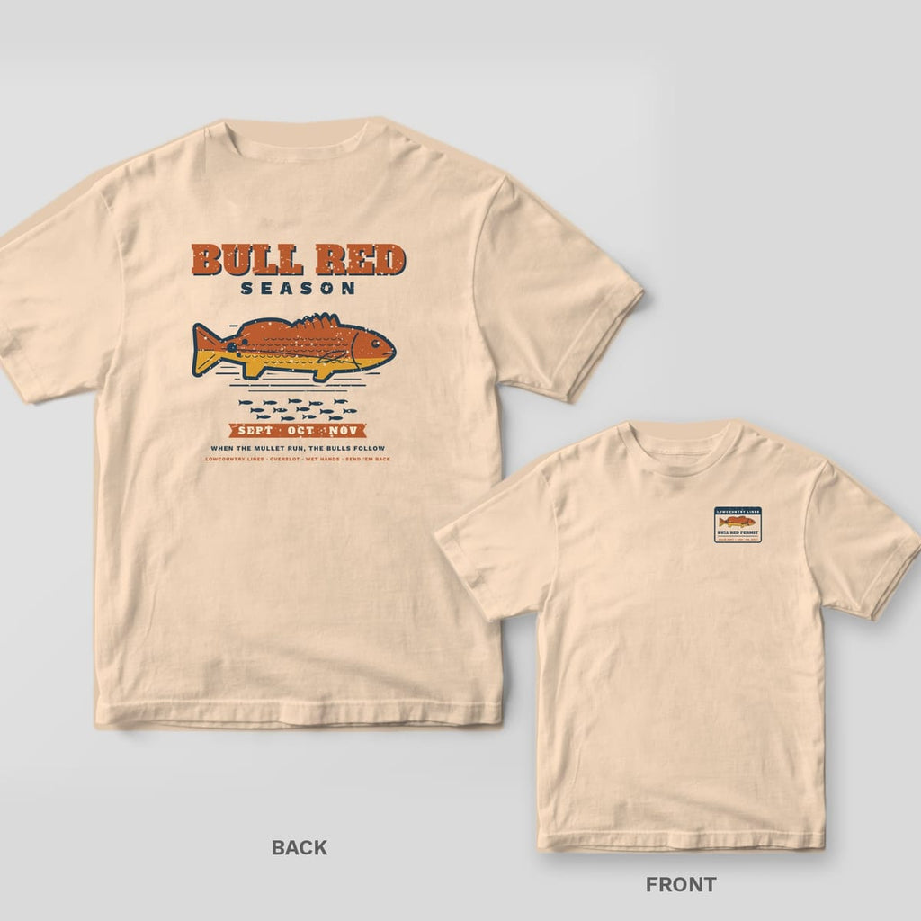 Back and front of an ivory T-shirt: back shows a big copper and gold redfish under Bull Red Season; front has a small permit badge