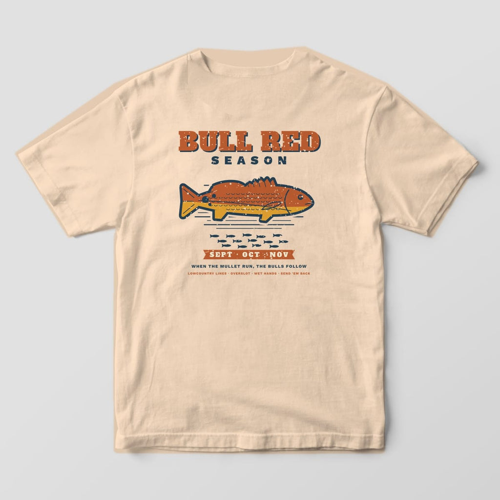Ivory Comfort Colors tee, back view, with Bull Red Season lettering, a large redfish, a mullet school and a Sept Oct Nov ribbon