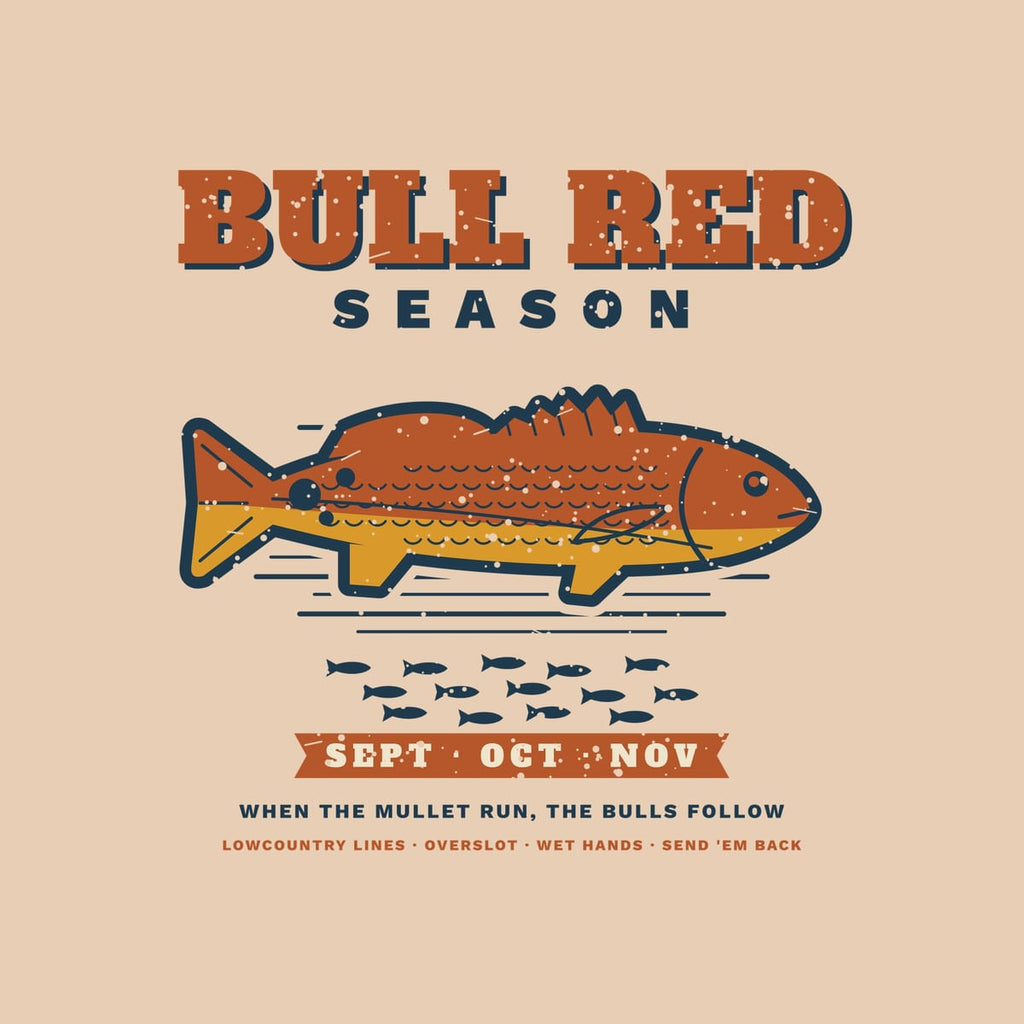 Close-up of the print: redfish with scale details and three spots, water lines, mullet school and ribbon lettering