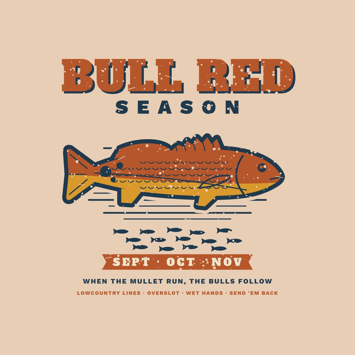 Close-up of the print: redfish with scale details and three spots, water lines, mullet school and ribbon lettering