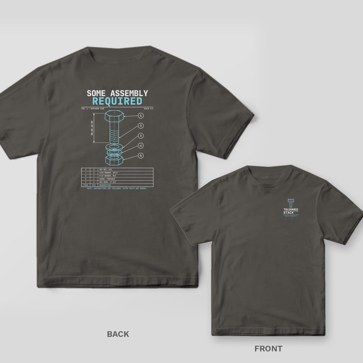 Pepper Comfort Colors tee shown back and front: an exploded bolt assembly drawing headed Some Assembly Required on the back and a small Tolerance Stack logo on the chest.