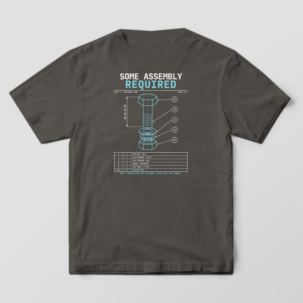 Back of a Pepper Comfort Colors 1717 tee with a cyan and off-white exploded-view bolt drawing, numbered callouts and a parts list under the words Some Assembly Required.