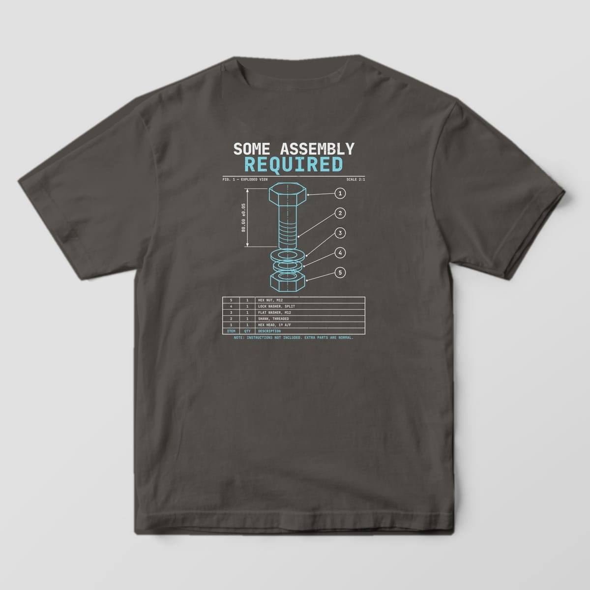 Back of a Pepper Comfort Colors 1717 tee with a cyan and off-white exploded-view bolt drawing, numbered callouts and a parts list under the words Some Assembly Required.