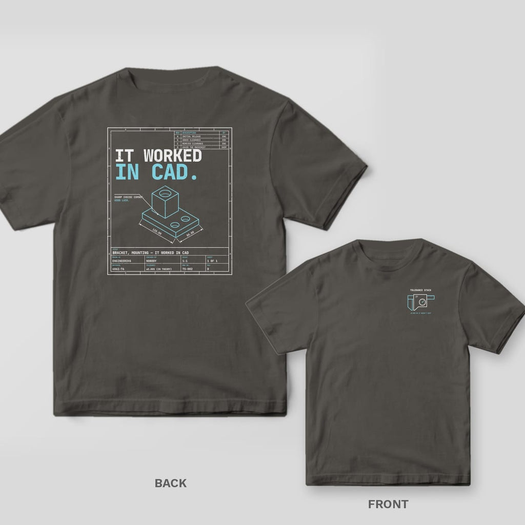 Pepper Comfort Colors tee shown back and front: an engineering drawing sheet reading It Worked in CAD on the back and a small caliper logo on the chest.