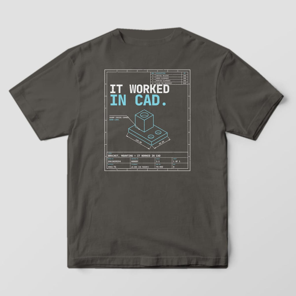 Back of a Pepper Comfort Colors 1717 tee with a cyan and off-white drawing sheet: revision table, It Worked in CAD headline, isometric bracket and title block.