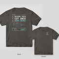 Pepper Comfort Colors tee shown back and front: a routing sheet reading Measure Twice, Cut Once, Scrap Anyway on the back and a small datum A symbol on the chest.