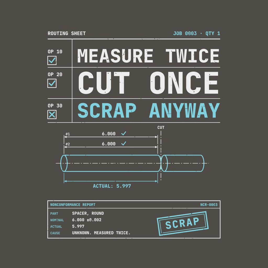Close-up of the print: stacked mono lettering with check boxes, a cyan line drawing of cut bar stock with dimensions and a rotated Scrap stamp, lightly distressed.