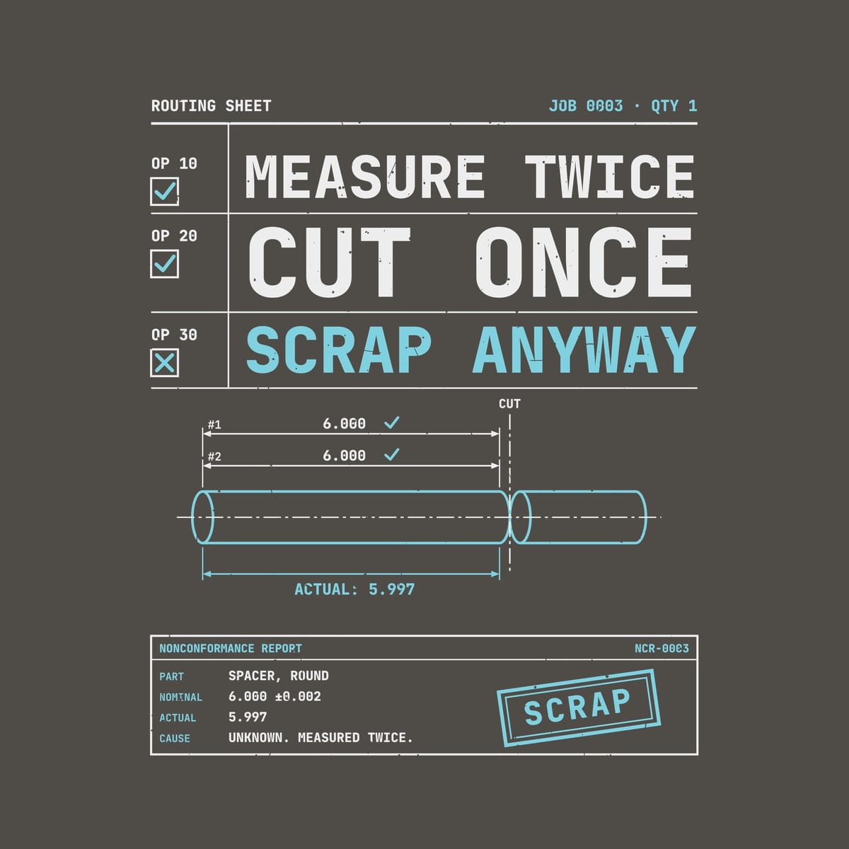 Close-up of the print: stacked mono lettering with check boxes, a cyan line drawing of cut bar stock with dimensions and a rotated Scrap stamp, lightly distressed.