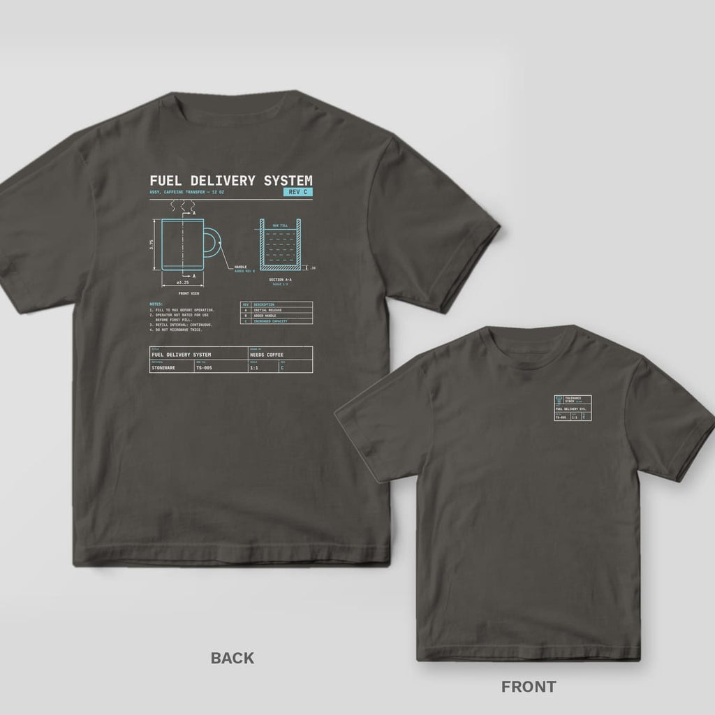 Pepper Comfort Colors tee shown back and front: a coffee mug engineering drawing titled Fuel Delivery System on the back and a small title block on the chest.