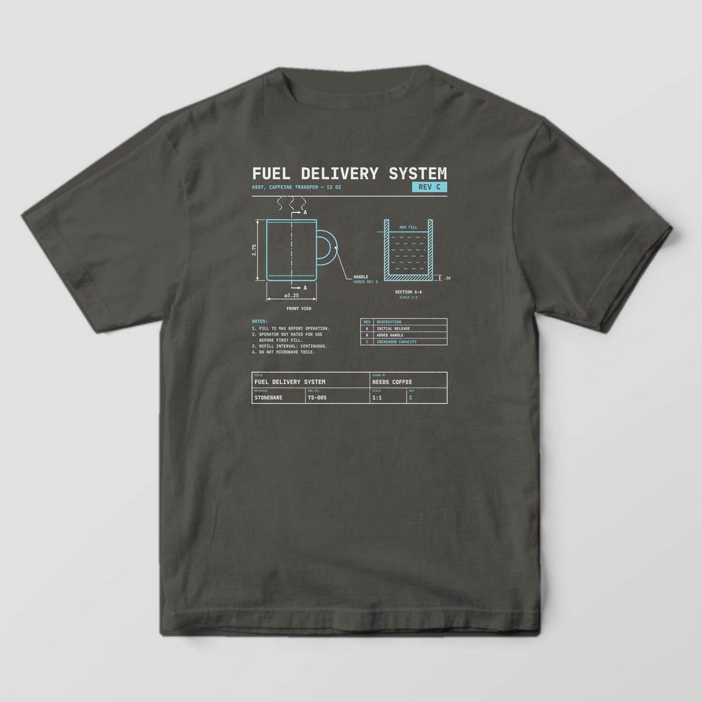 Back of a Pepper Comfort Colors 1717 tee with a cyan and off-white blueprint of a coffee mug: front view, section view, notes, revision table and title block.
