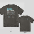 Pepper Comfort Colors tee shown back and front: Chips Not Dust with a speeds and feeds chart on the back and a small end mill logo on the chest.